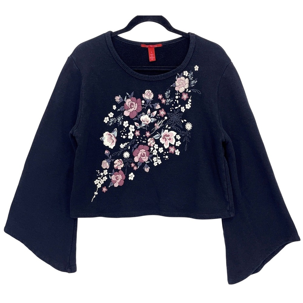 Black Floral Bell Sleeve Cropped French Terry Sweatshirt L Embroidered Beaded